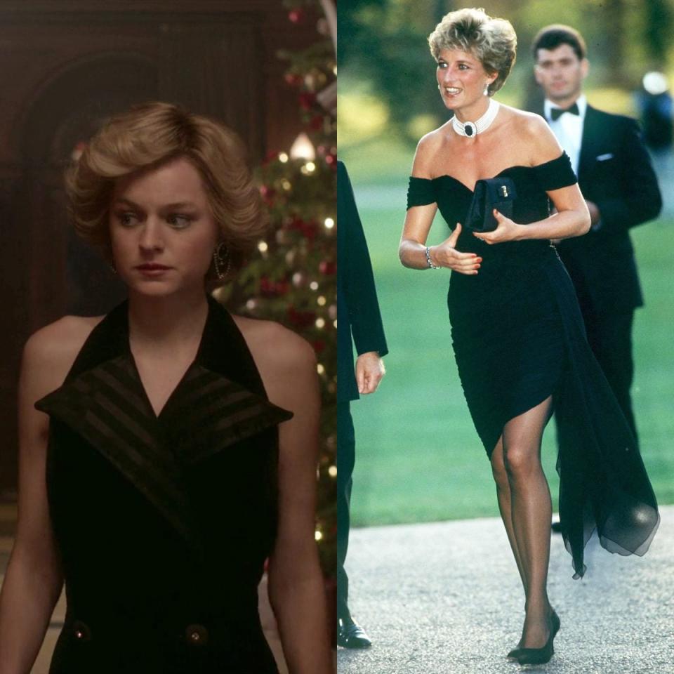 Emma Corrin in a revenge dress in season four of The Crown; Diana in her famous Christina Stambolian LBD at the Serpentine Gallery in June 1994 - Netflix/ Getty