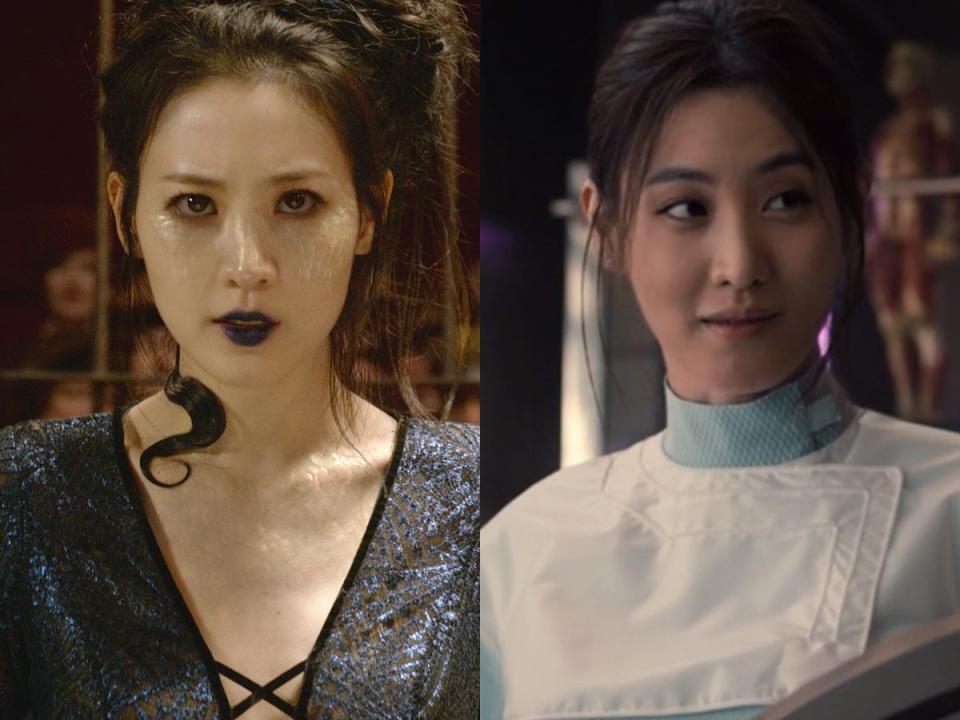 On the left: Claudia Kim as Nagini in "Fantastic Beasts: The Crimes of Grindelwald." On the right: Kim as Dr. Helen Cho in "Avengers: Age of Ultron."