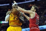 May 6, 2015; Cleveland, OH, USA; Cleveland Cavaliers forward LeBron James (23) shoots on Chicago Bulls forward Pau Gasol (16) during the third quarter in game two of the second round of the NBA Playoffs at Quicken Loans Arena. Mandatory Credit: Ken Blaze-USA TODAY Sports