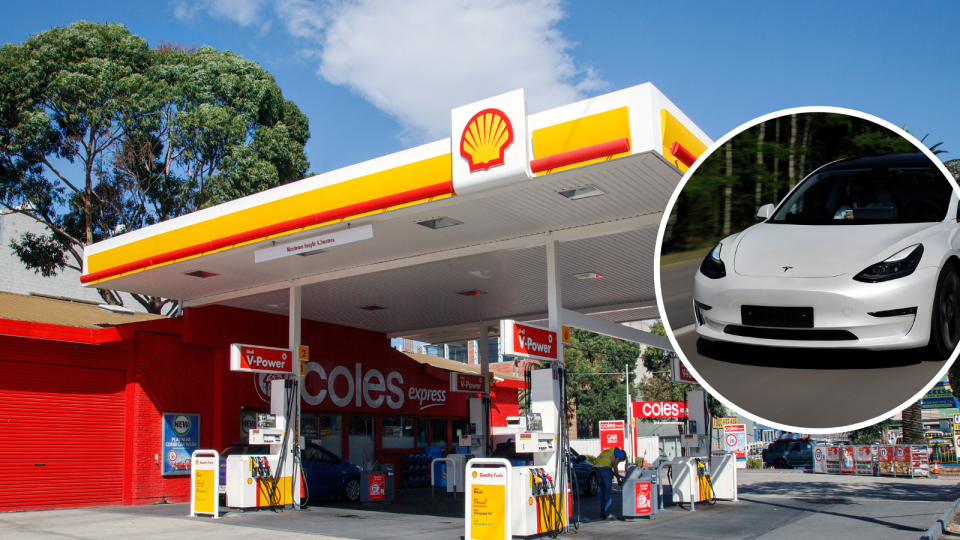 Coles petrol station and Tesla electric vehicle.