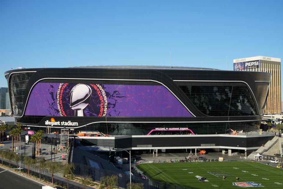 A general overall view of Allegiant Stadium, the site of Super Bowl 58 between the San Francisco 49ers and Kansas City Chiefs.