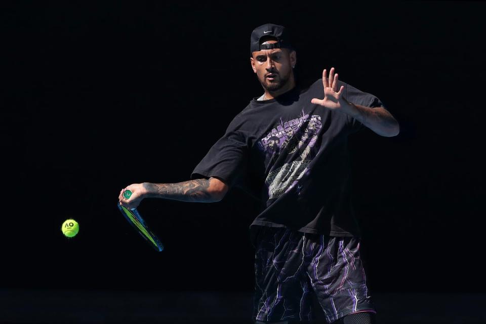 Nick Kyrgios of Australia plays a forehand during a practice session ahead of the 2023 Australian Open last week (Getty Images)