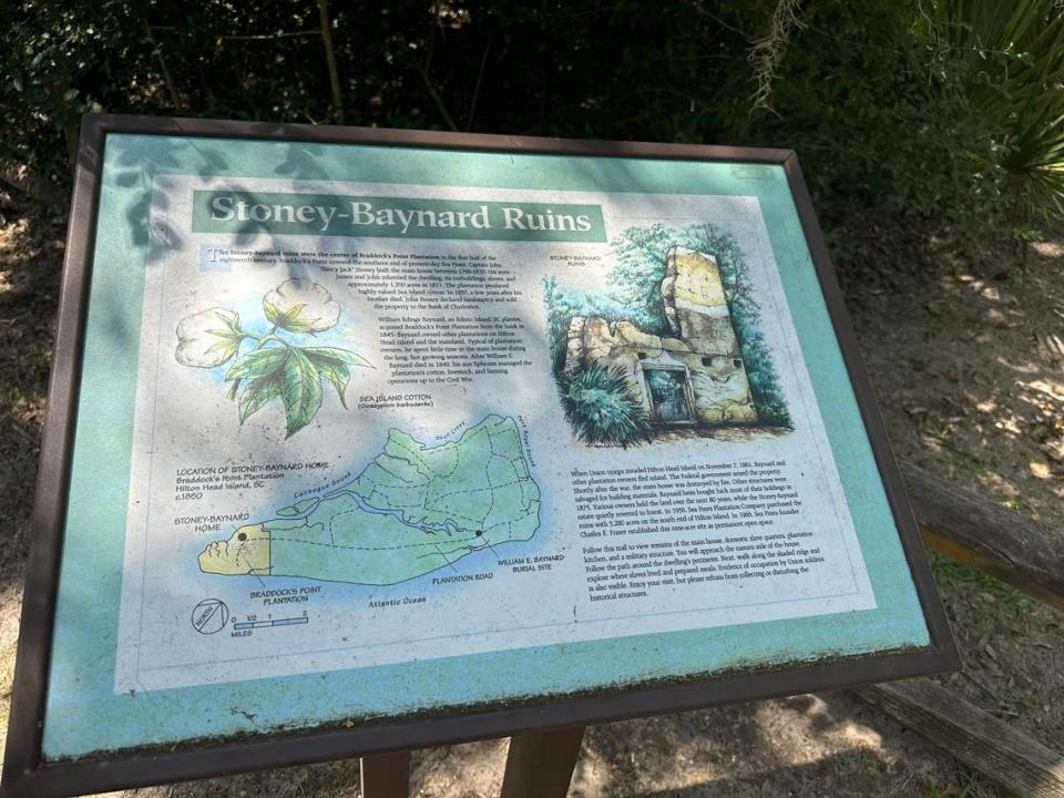 The first placard of many at the Stoney-Baynard Ruins in Sea Pines on Hilton Head Island that provide detailed information on the historic site that is listed on the National Register of Historic Places.