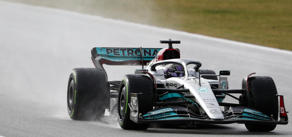 Mercedes driver Lewis Hamilton of Britain steers his car during a Formula One pre-season testing session at the Catalunya racetrack in Montmelo, just outside of Barcelona, Spain, Friday, Feb. 25, 2022. (AP Photo/Joan Monfort)