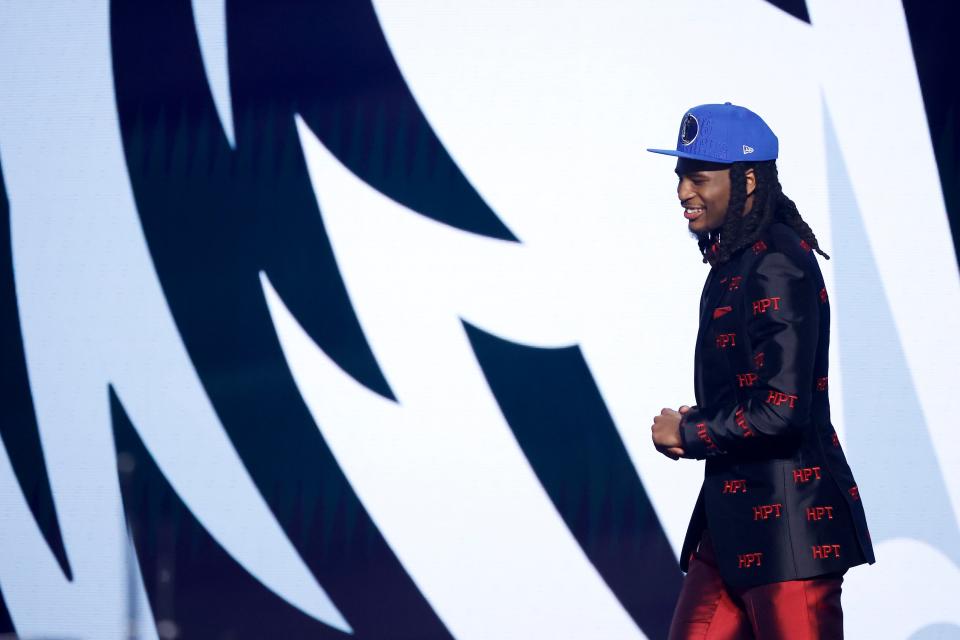 Cason Wallace celebrates after being drafted tenth overall pick by the Dallas Mavericks during the first round of the 2023 NBA Draft at Barclays Center on June 22, 2023 in the Brooklyn borough of New York City.