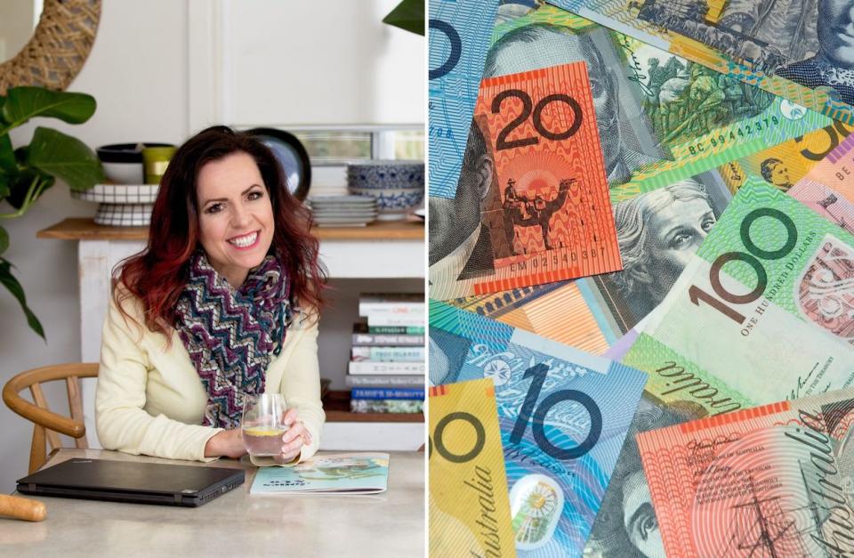 Compilation image of Nicole sitting at a table and a pile of Australian dollar notes to represent energy bill