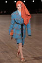 <p>Hadid did suiting separates and donned a head scarf at Marc Jacobs.</p>