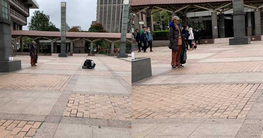有網友爆料在台北車站看到，有一名女生以快趴地的姿勢，幫男友拍照，結果發現是黃子佼與孟耿如這對情侶檔。（圖／翻攝爆廢公社）