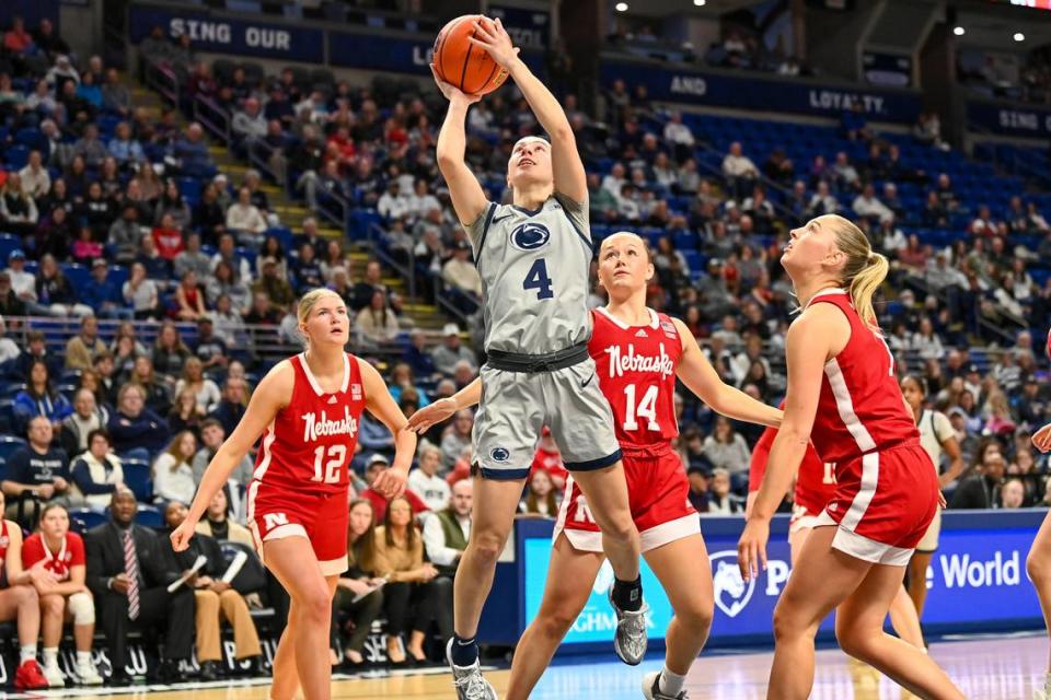 Penn State’s Shay Ciezki shoots for 2 in their win against the Cornhuskers on Sunday.