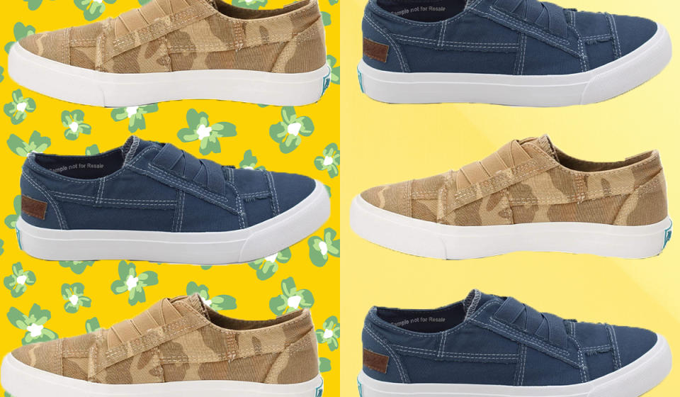 Blue and brown camo sneakers on a yellow background