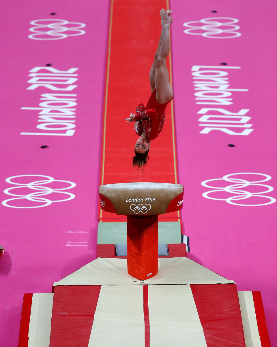 LONDON, ENGLAND - JULY 31: Mc Kayla Maroney of the United States competes on the vault in the Artistic Gymnastics Women's Team final on Day 4 of the London 2012 Olympic Games at North Greenwich Arena on July 31, 2012 in London, England. (Photo by Jamie Squire/Getty Images)