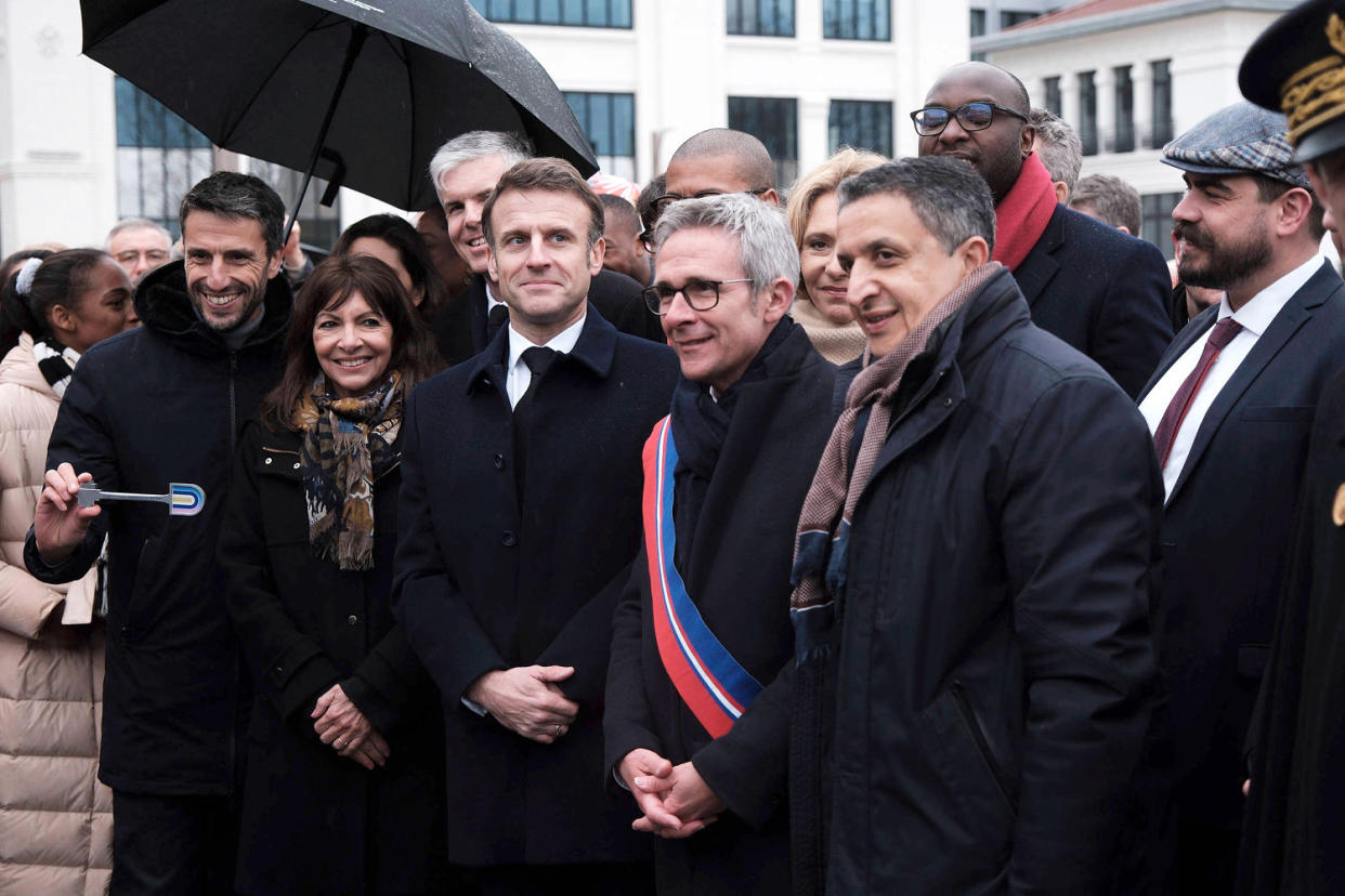 France PARIS 2024 Emmanuel Macron visit the Paris 2024 Olympic village politics political politician (Anton Karliner / SIPA via AP file)