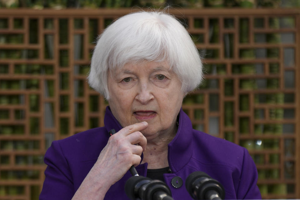 U.S. Treasury Secretary Janet Yellen attends a press conference in Beijing, China, Monday, April 8, 2024. Ever since she ate mushrooms that can have psychedelic effects in Beijing last July, Americans and Chinese have been united in their interest in what Janet Yellen will eat next. (AP Photo/Tatan Syuflana)