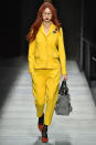 <p>Model wears a yellow pantsuit at the fall 2018 Bottega Veneta show. (Photo: Getty Images) </p>