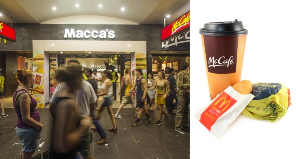 McDonald's with a 'Maccas' sign; McMuffin, hash brown and McCafe coffee