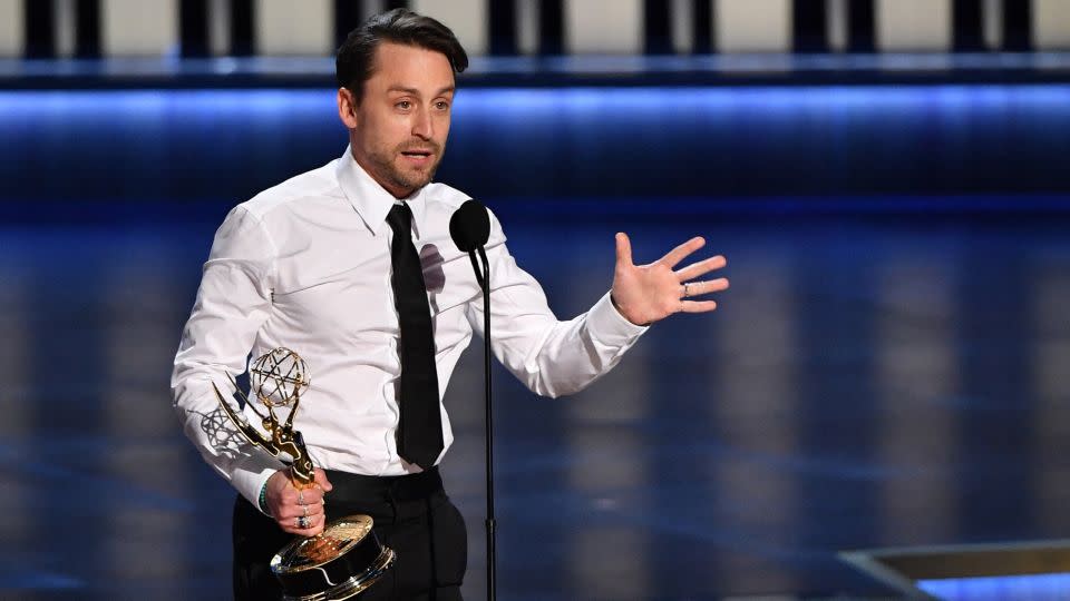 Kieran Culkin accepts the award for outstanding lead actor in a drama for "Succession." - Valerie Macon/AFP/Getty Images