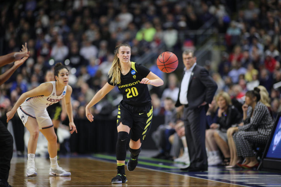 Sabrina Ionescu #20 of the Oregon Ducks in action during the UConn Huskies Vs Oregon Ducks, NCAA Women's Division 1 Basketball Championship game on March 27th, 2017 at the Webster Bank Arena, Bridgeport, Connecticut. (Photo by Tim Clayton/Corbis via Getty Images)