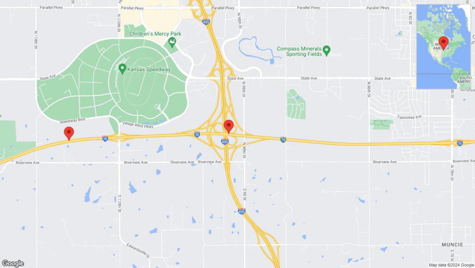 A detailed map that shows the affected road due to 'Traffic alert issued due to heavy rain conditions on westbound I-70 in Kansas City' on July 10th at 9:53 p.m.