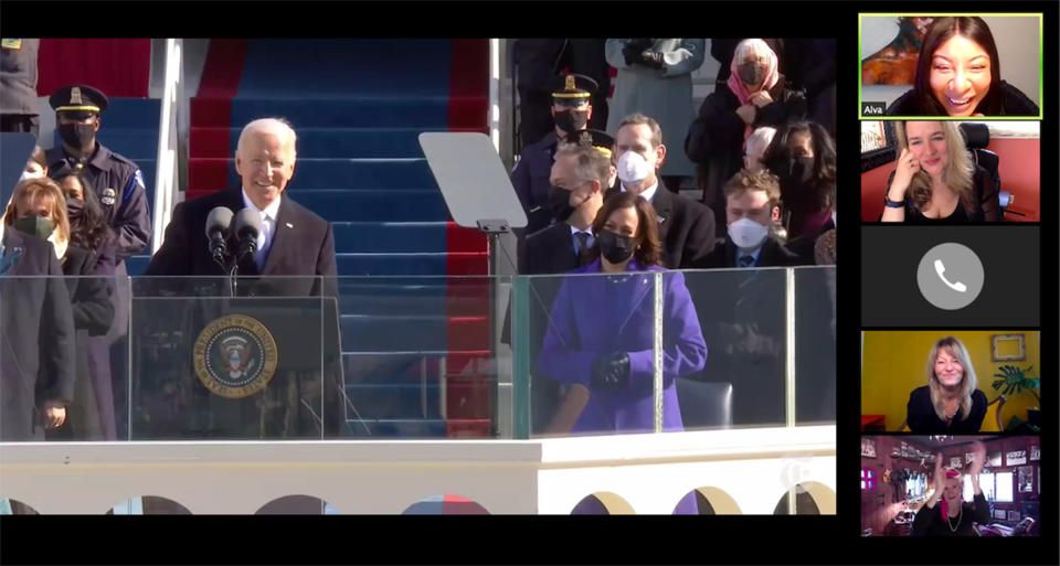 Las mujeres que acusaron al expresidente Donald Trump de conducta sexual inapropiada observan la toma de posesión del presidente Joe Biden, el 20 de enero de 2021. (Natasha Stoynoff vía The New York Times).