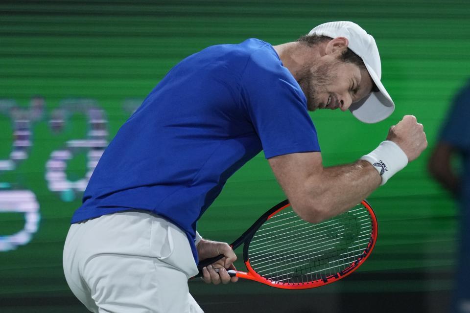 Andy Murray of Great Britain reacts after winning a point against Denis Shapovalov of Canada during a match of the Dubai Duty Free Tennis Championships in Dubai, United Arab Emirates, Monday, Feb. 26, 2024. (AP Photo/Kamran Jebreili)