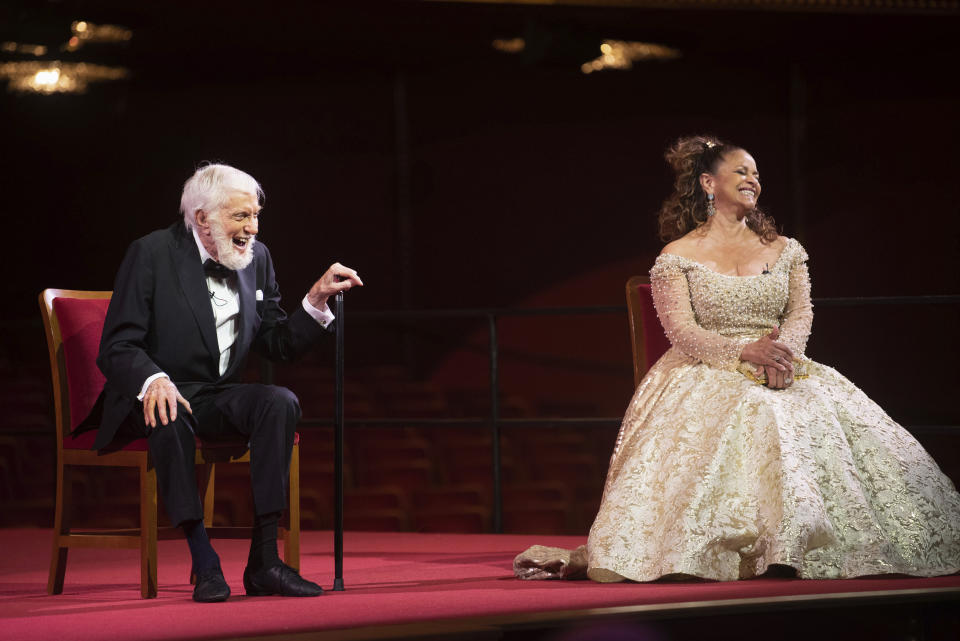 Actor Dick Van Dyke, and choreographer, and actress Debbie Allen laugh during a press event at the 43nd Annual Kennedy Center Honors at The Kennedy Center on Friday, May 21, 2021, in Washington. (AP Photo/Kevin Wolf)