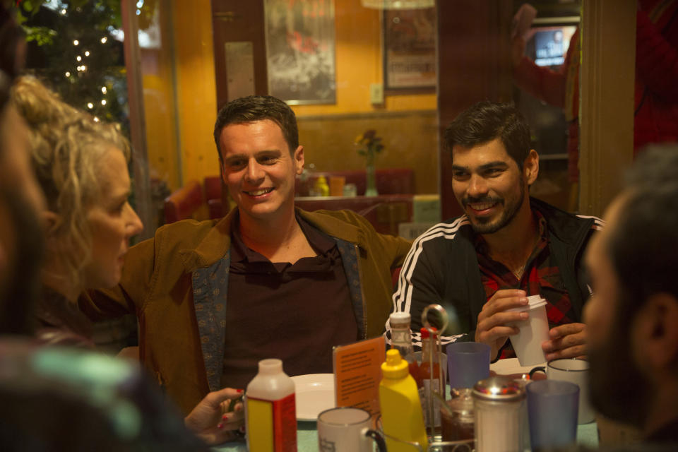 Groff (left) shares a cozy moment with co-star&nbsp;Ra&uacute;l Castillo.&nbsp; (Photo: HBO)