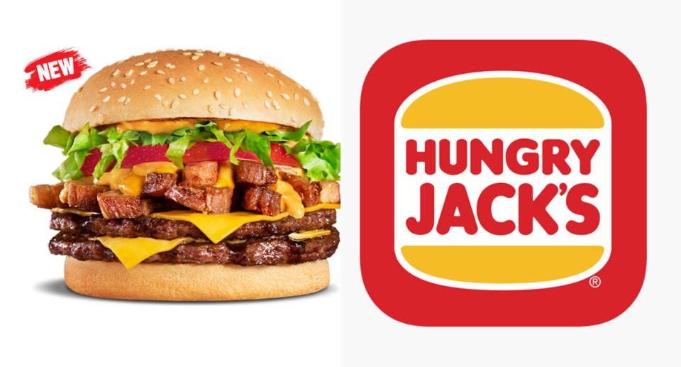 Hungry Jacks pork belly burger and logo. 