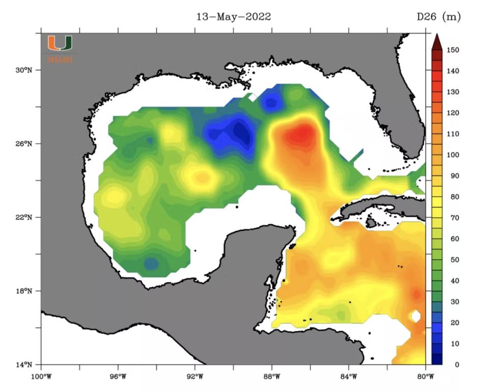 <div class="inline-image__caption"><p>The Loop Current was about as far north as Tampa, Florida, in mid May 2022. The scale, in meters, shows the maximum depth at which temperatures were 78 F (26 C) or greater.</p></div> <div class="inline-image__credit">Nick Shay/University of Miami via The Conversation</div>