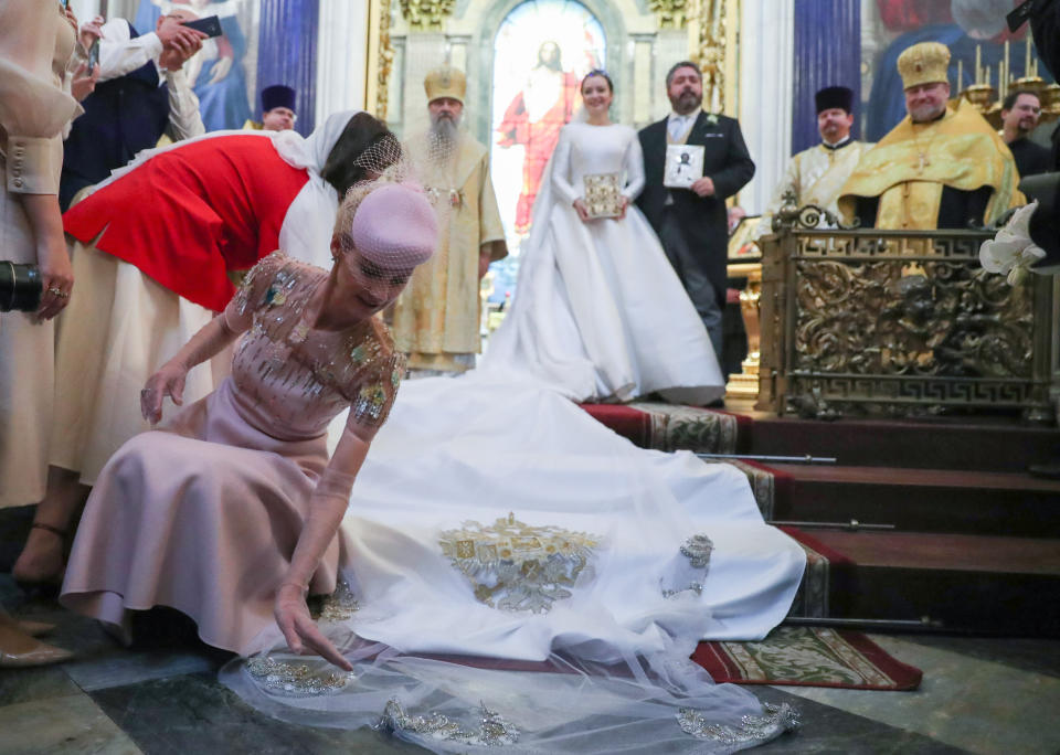 ST PETERSBURG, RUSSIA  OCTOBER 1, 2021: The wedding of Grand Duke George Mikhailovich of Russia and Rebecca (Victoria) Bettarini of Italy (R-L centre back) at St Isaac's Cathedral. Peter Kovalev/TASS (Photo by Peter Kovalev\TASS via Getty Images)