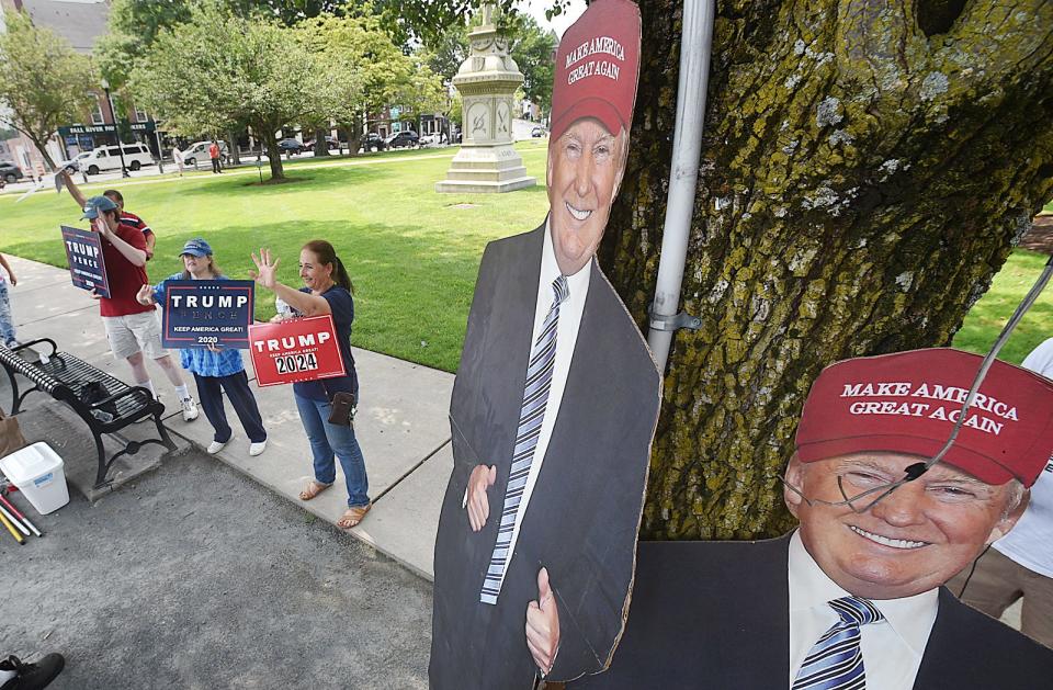 Supporters of former President Donald Trump rally on the Taunton Green on Sunday, July 14, 2024.