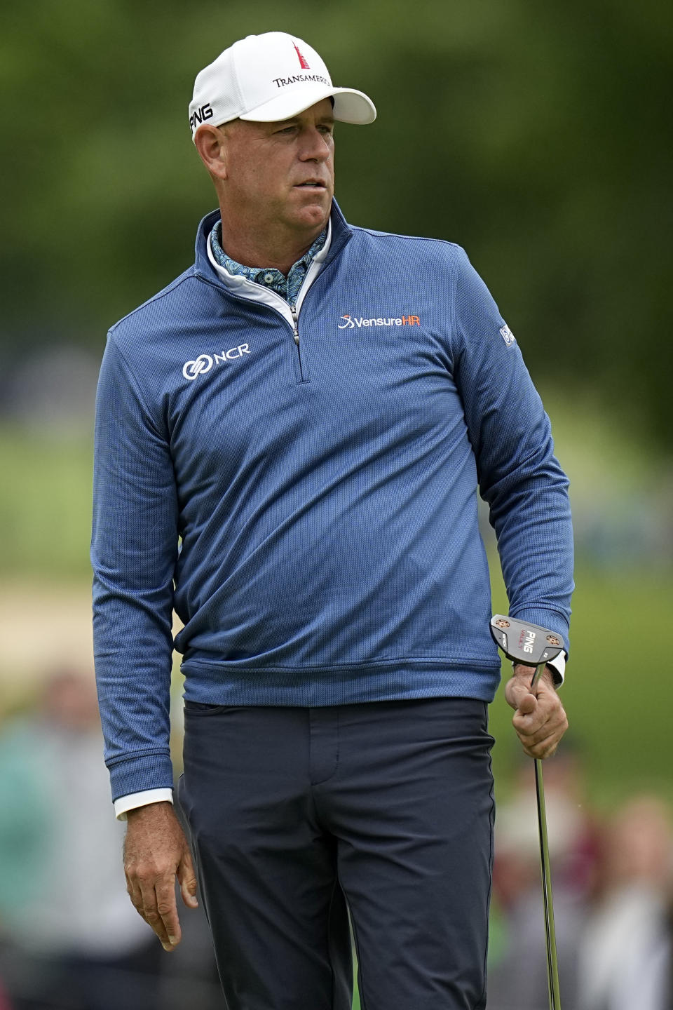 Stewart Cink watches his putt on the second hole during the third round of the PGA Championship golf tournament at Southern Hills Country Club, Saturday, May 21, 2022, in Tulsa, Okla. (AP Photo/Eric Gay)