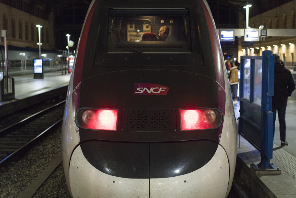 A train is pictured at the Gare St-Charles station in Marseille, southern France, as services begin to wind-down Wednesday, Dec. 4, 2019. France is getting ready for massive, nationwide strikes from Thursday against government plans to overhaul the state pension system that will disrupt trains, buses and flights and force many schools to close.AP Photo/Daniel Cole)