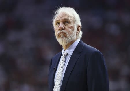 FILE PHOTO - May 7, 2017; Houston, TX, USA; San Antonio Spurs head coach Gregg Popovich looks up during the second quarter against the Houston Rockets in game four of the second round of the 2017 NBA Playoffs at Toyota Center. Mandatory Credit: Troy Taormina-USA TODAY Sports