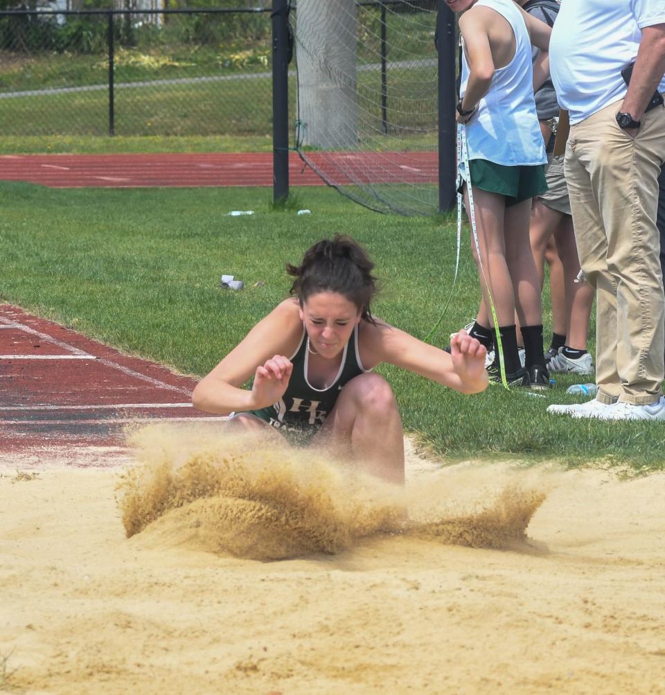 Hokes Bluff's Chloe Rules jumps in the long jump at the Etowah County schools track and field meet on Wednesday, April 13, 2022 in Gadsden, Alabama. Ehsan Kassim/Gadsden Times.