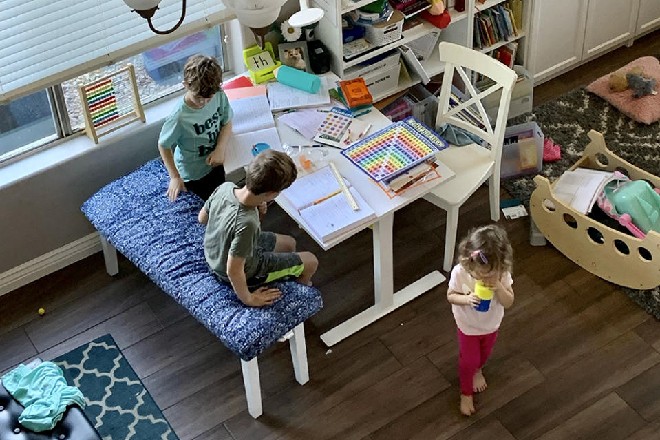 The Fitzpatrick family of Gilbert, Arizona, uses the ESA program to homeschool Oliver, 8, and James, 6. The youngest, Maisie, is 3 and not yet eligible for the program. (Marilyn Fitzpatrick)