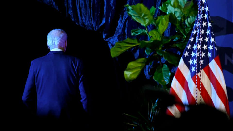 President Joe Biden exits the stage after speaking at the 115th NAACP National Convention in Las Vegas on July 16, 2024. - David Becker/AP