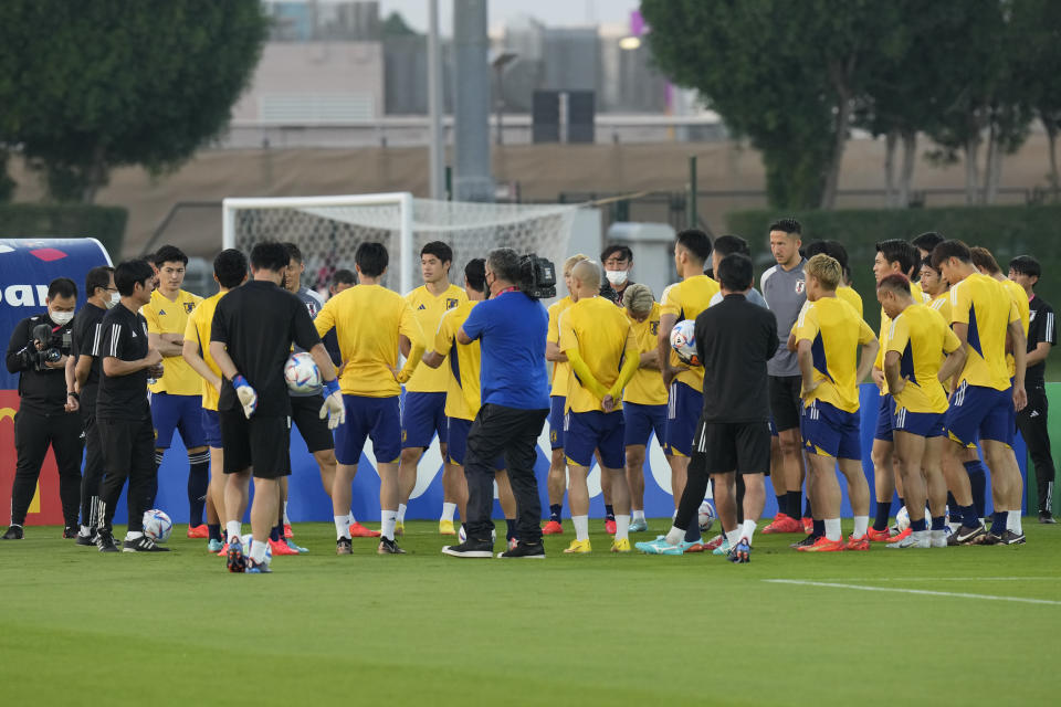 Players gather during Japan official training on the eve of the World Cup round of 16 soccer match between Japan and Croatia at the in Doha, Qatar, Sunday, Dec. 4, 2022. (AP Photo/Eugene Hoshiko)