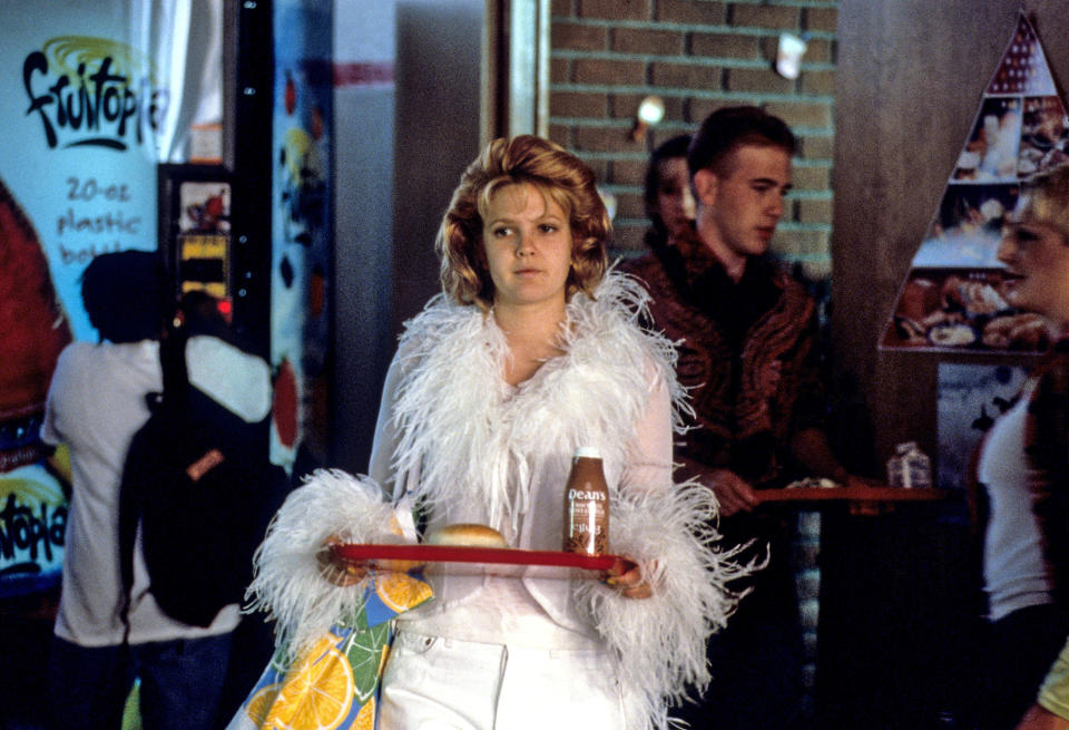 monochrome outfit with feather boa collar and sleeve cuffs