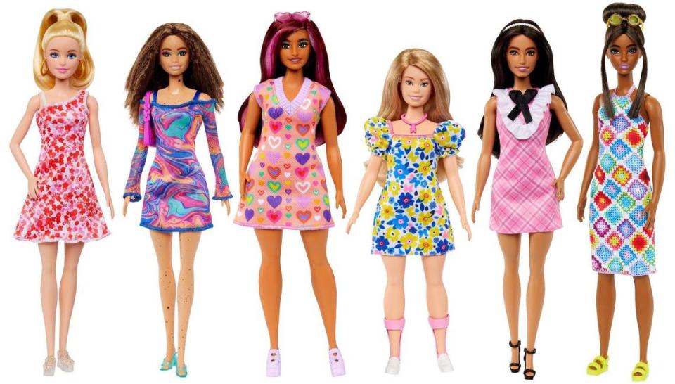 Mattel and the National Down Syndrome Society create a Barbie doll, fourth from left, for children, ‘who for the first time can play with a Barbie doll that looks like them.’