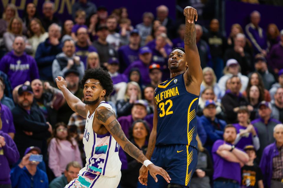 California guard Jalen Celestine (32) makes a 3-pointer in front of Washington forward Keion Brooks Jr. (1) during the second half at Alaska Airlines Arena.