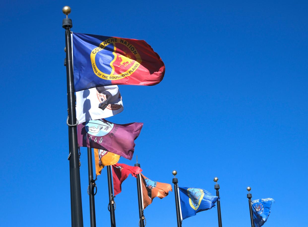 Flags representing the tribal nations based in Oklahoma fly outside the state Capitol in Oklahoma City in October. Native American Heritage Day has particular significance in Oklahoma, which is home to 39 tribal nations.