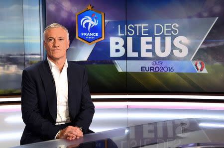 France's soccer head coach Didier Deschamps poses before taking part in the broadcast news of French TV channel TF1 in Boulogne-Billancourt, outside Paris, France, May 12, 2016 to name his 23-man squad for the European soccer Championship in France. REUTERS/Franck Fife/Pool