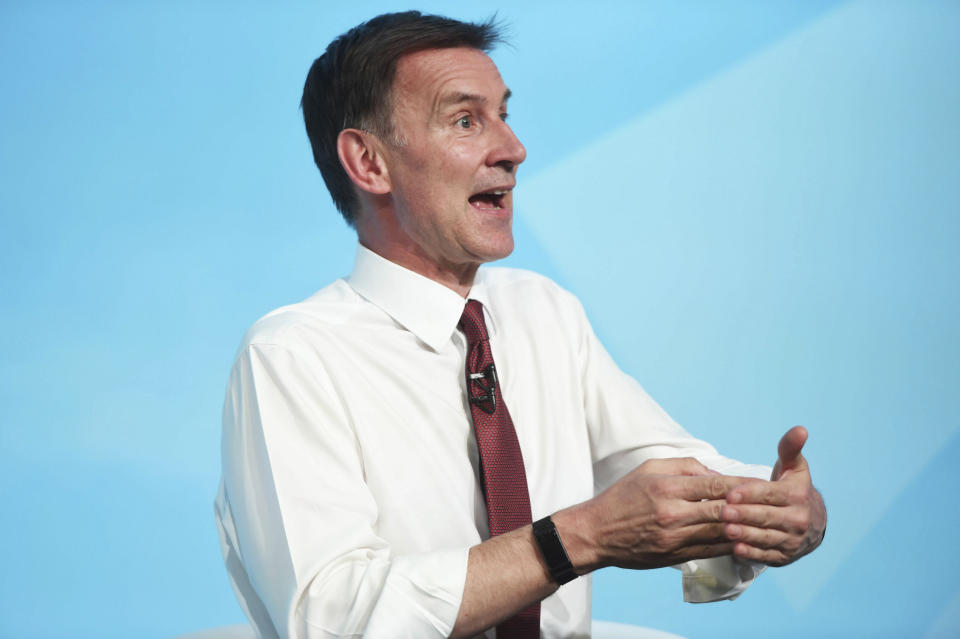 Conservative party leadership contender Jeremy Hunt speaks during a Tory leadership hustings at the All Nations Centre in Cardiff, Wales, Saturday, July 6, 2019. (David Mirzoeff/PA via AP)