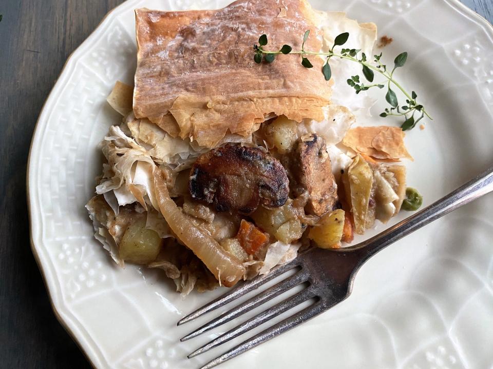 Pot pies are the ultimate comfort food. Savory veggies, and optional shredded chicken or cubes of beef, surrounded by a luxurious gravy, all topped with a flakey crust.