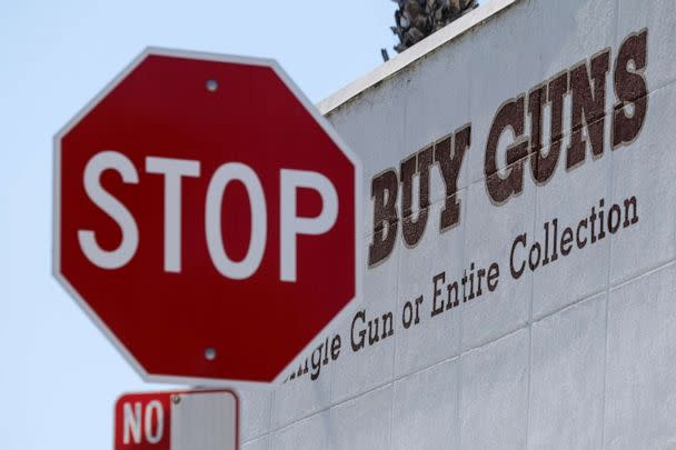 PHOTO: A stop sign is seen near a gun store in Culver City, Calif., on March 23, 2021. (Ringo Chiu/AP)