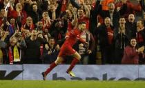 Britain Football Soccer - Liverpool v Villarreal - UEFA Europa League Semi Final Second Leg - Anfield, Liverpool, England - 5/5/16 Adam Lallana celebrates after scoring the third goal for Liverpool Reuters / Phil Noble Livepic