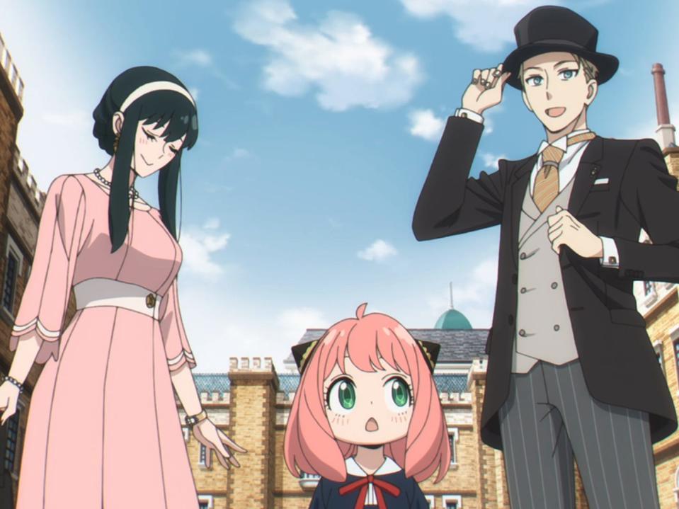 an animated family: there's a mother in a pink dress with long black hair, a short girl with pink hair and a black dress, and a young blonde man wearing a black suit coast and top hat