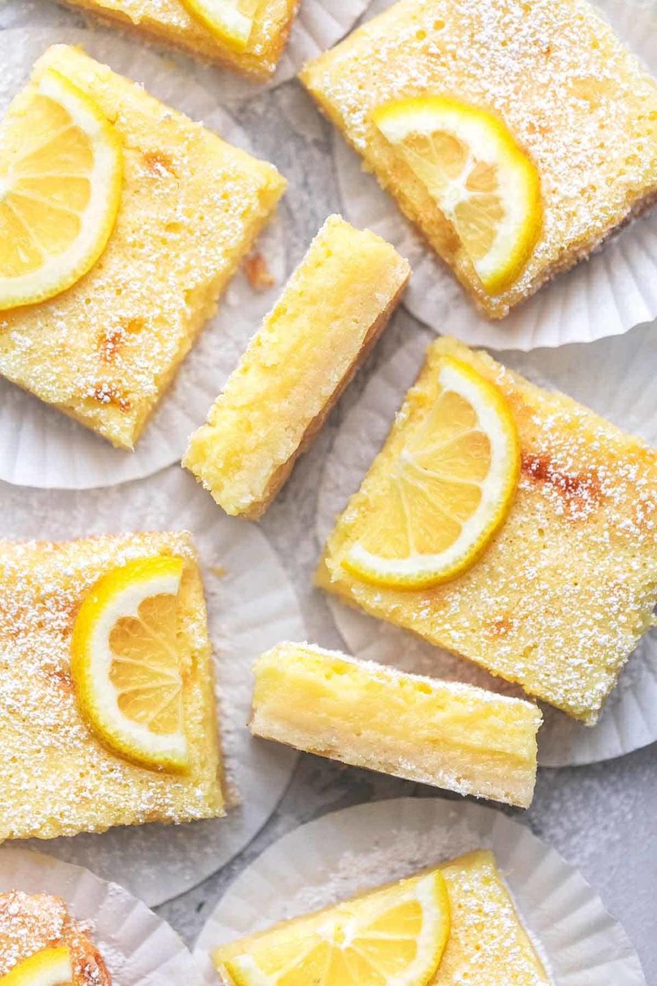 Lemon bars cut into squares.