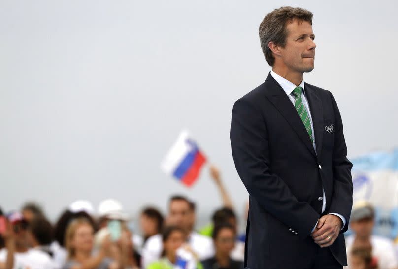 Denmark's Crown Prince Frederik attends the medals ceremony for the women's Laser Radial sailing race at the 2016 Summer Olympics in Rio de Janeiro, Brazil.