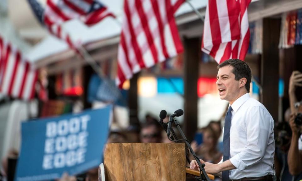 Pete Buttigieg addresses a crowd in Galivants Ferry, South Carolina, 16 September 2019. The mayor’s campaign has stalled in recent months.